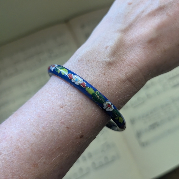 Floral Blue Bangle Cloisonne Bracelet - Picture 4 of 12